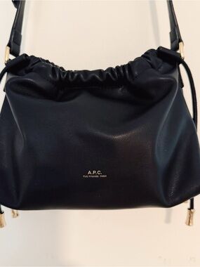 A.P.C. Black Leather Drawstring Ninon Crossbody Bag with Gold Hardware